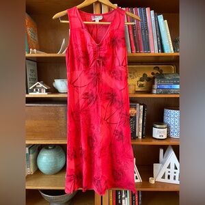 Vintage Hilo Hattie Hawaiian Midi Dress Red SMALL Palm Tree Hibiscus Vacation